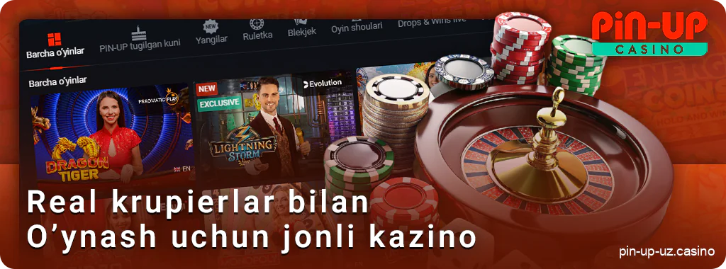 PIN Up uz veb-saytidagi jonli kazino bo'limi